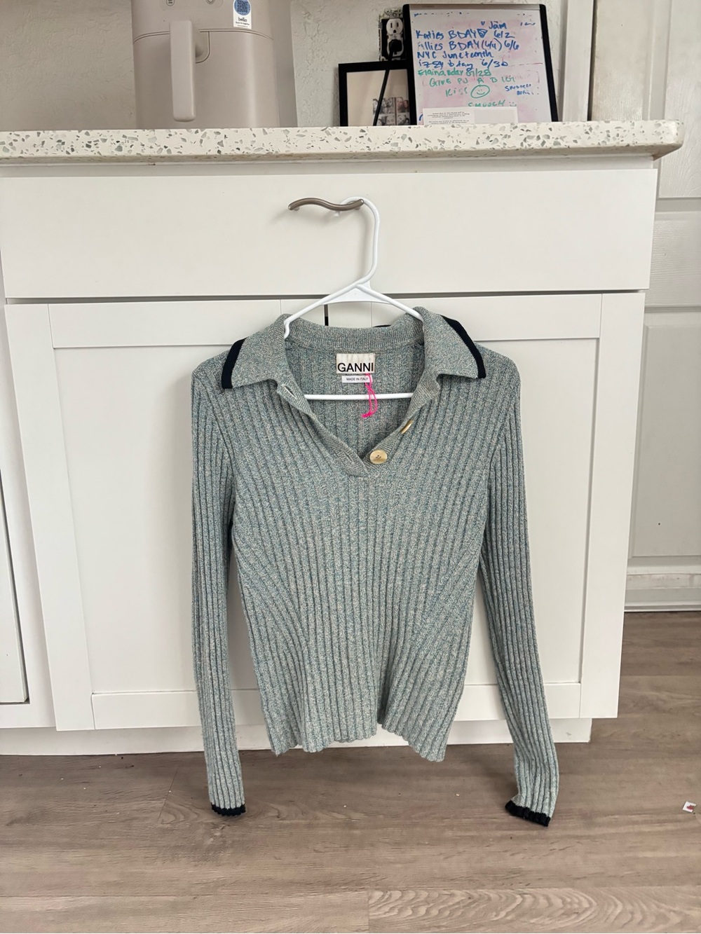Ganni Ribbed Sweater in Light blue-Green with Black Trim